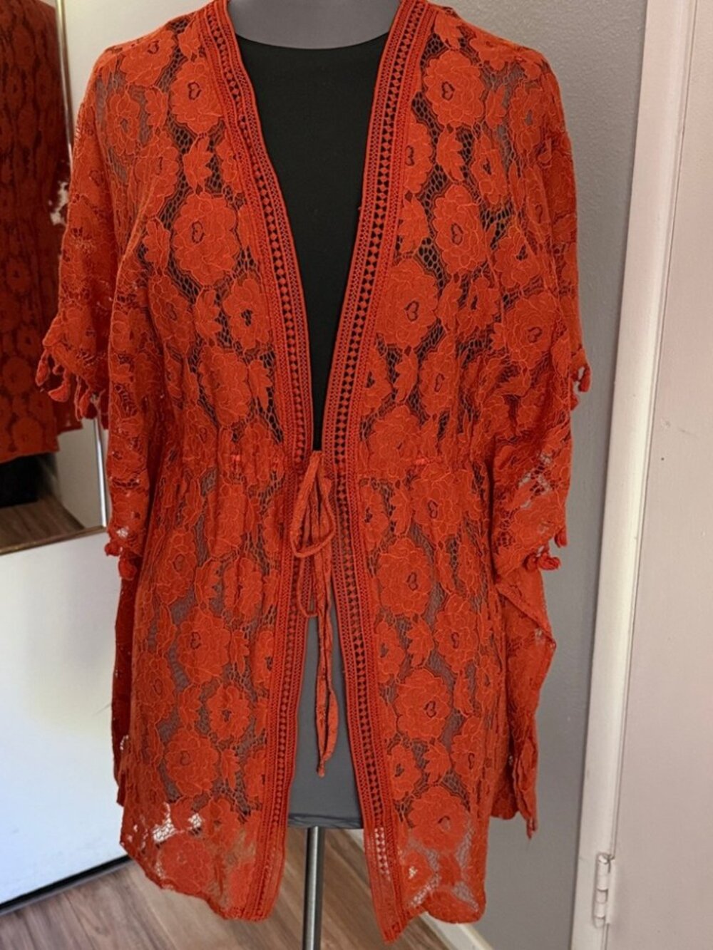 5/$25 - Peach Rust Orange Lace Kimono Cardigan Embroidered Boho Cover Up
